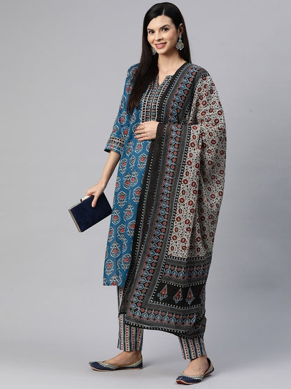 Straight Style Cotton Fabric Navy Blue Color Kurta With Bottom With Dupatta
