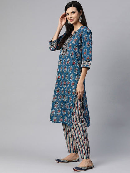 Straight Style Cotton Fabric Navy Blue Color Kurta With Bottom With Dupatta