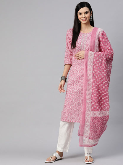 Straight Style Cotton Fabric Pink Color Kurta With Bottom With Dupatta