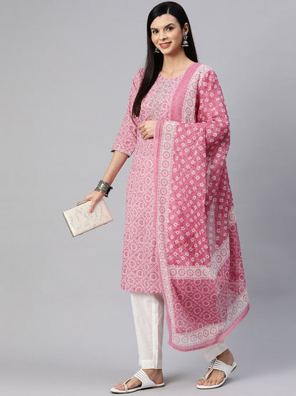 Straight Style Cotton Fabric Pink Color Kurta With Bottom With Dupatta