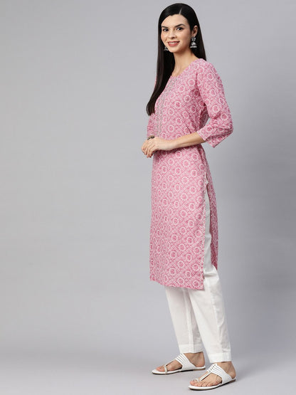 Straight Style Cotton Fabric Pink Color Kurta With Bottom With Dupatta