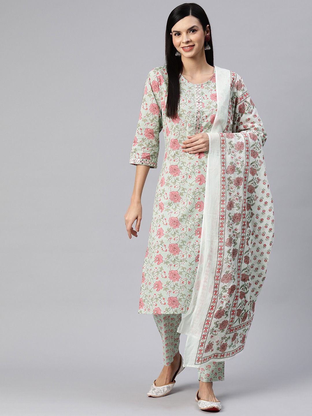 Straight Style Cotton Fabric Green Color Kurta With Bottom And Dupatta