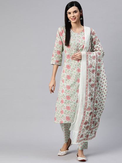 Straight Style Cotton Fabric Green Color Kurta With Bottom And Dupatta
