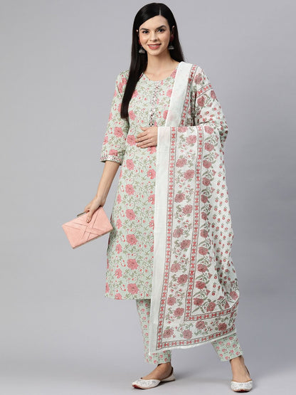 Straight Style Cotton Fabric Green Color Kurta With Bottom And Dupatta