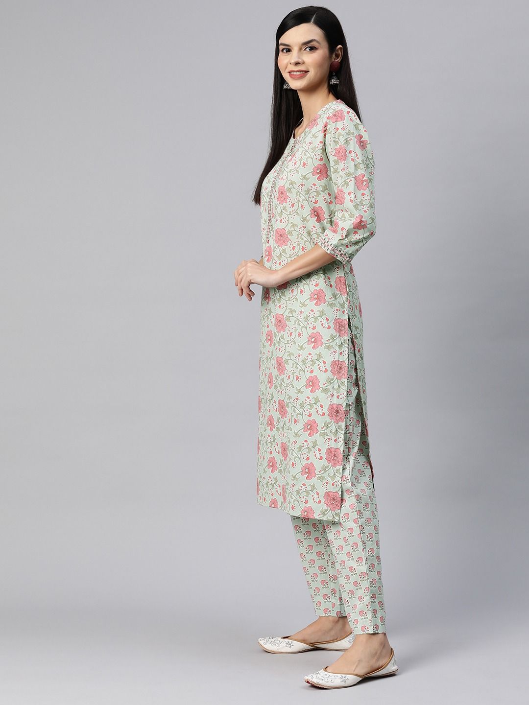 Straight Style Cotton Fabric Green Color Kurta With Bottom And Dupatta