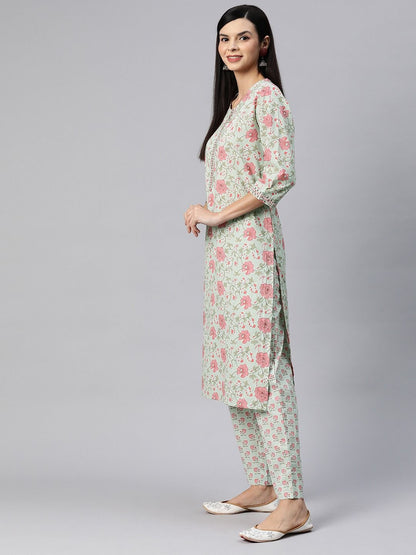 Straight Style Cotton Fabric Green Color Kurta With Bottom And Dupatta