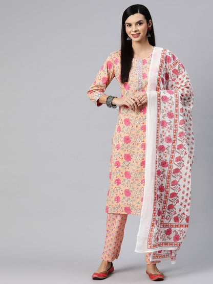 Straight Style Cotton Fabric Peach Color Kurta With Bottom And Dupatta