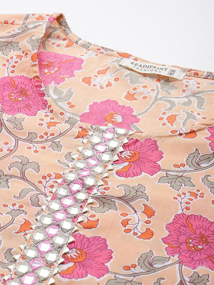 Straight Style Cotton Fabric Peach Color Kurta With Bottom And Dupatta
