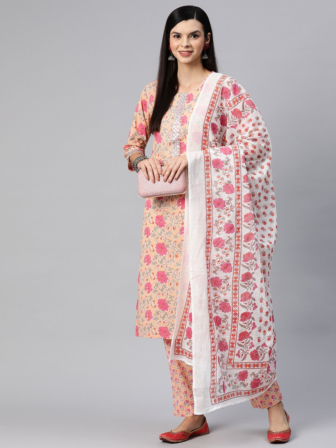 Straight Style Cotton Fabric Peach Color Kurta With Bottom And Dupatta