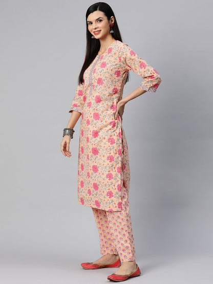 Straight Style Cotton Fabric Peach Color Kurta With Bottom And Dupatta