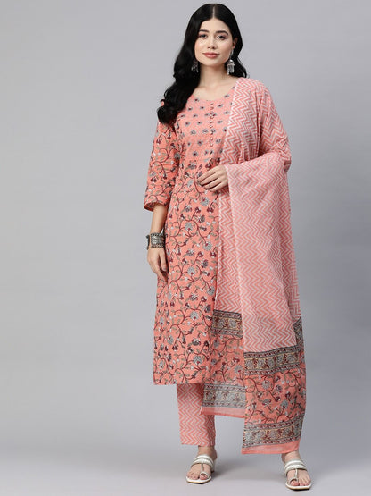 Straight Style Cotton Fabric Orange Color Kurta With Bottom And Dupatta