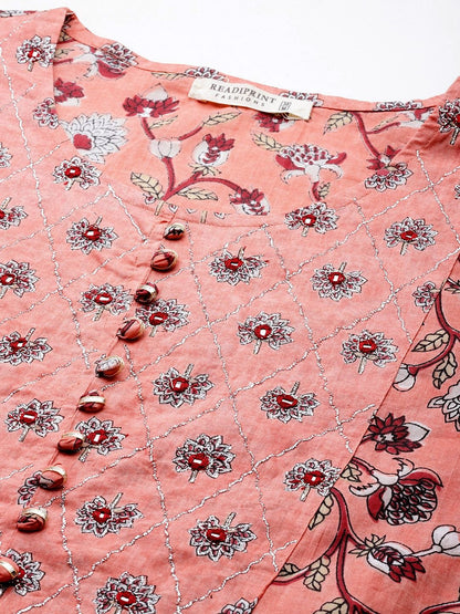 Straight Style Cotton Fabric Orange Color Kurta With Bottom And Dupatta