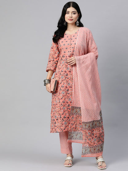 Straight Style Cotton Fabric Orange Color Kurta With Bottom And Dupatta