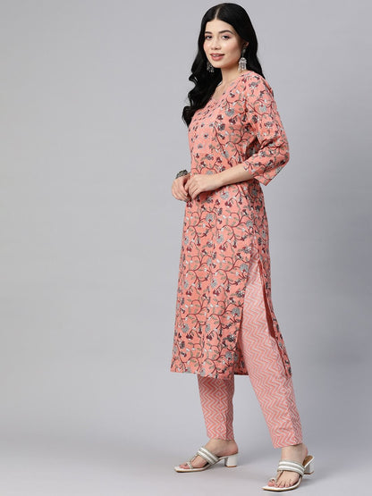 Straight Style Cotton Fabric Orange Color Kurta With Bottom And Dupatta