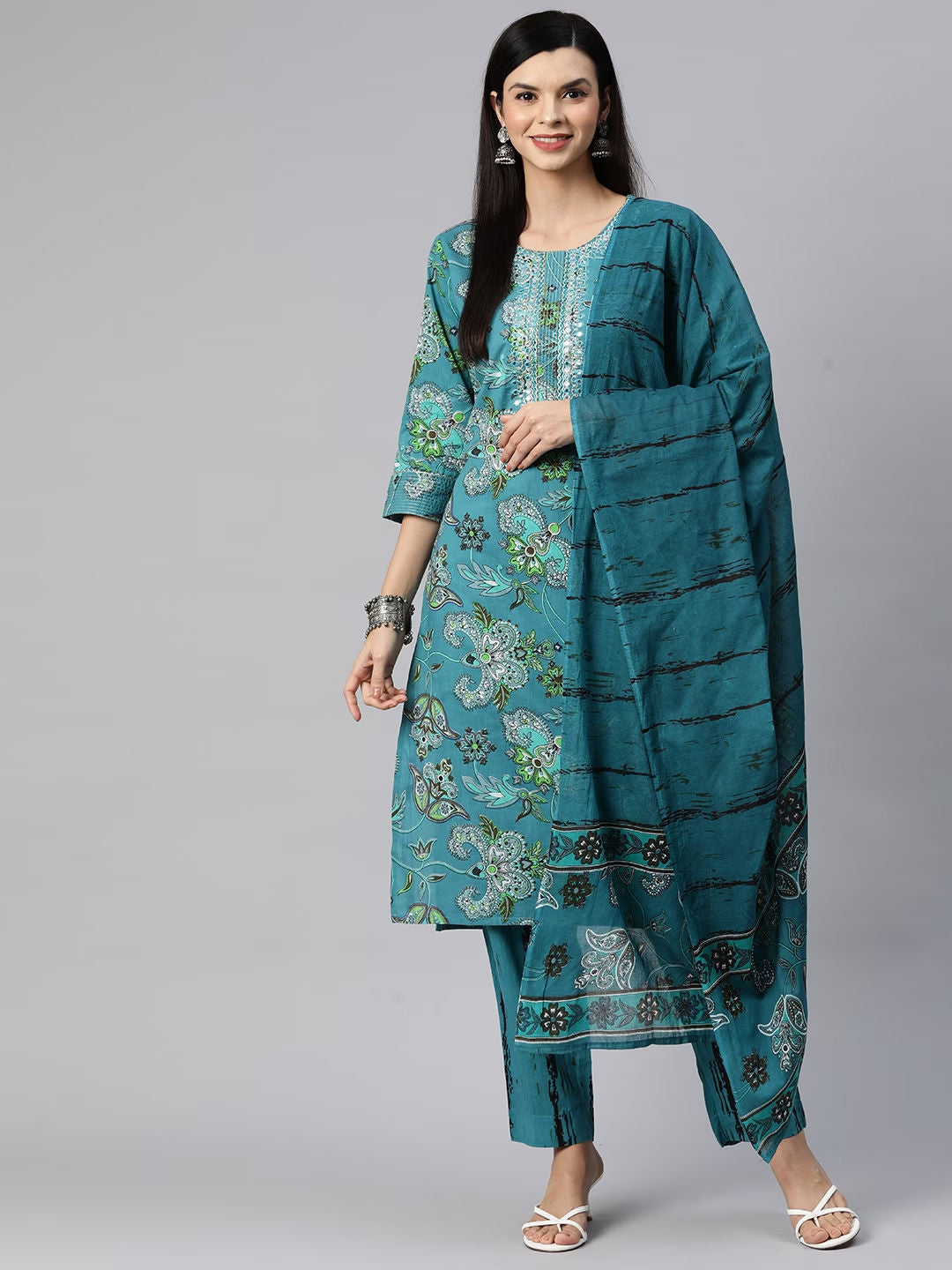 Straight Style Cotton Fabric Teal Blue Color Kurta With Bottom & Dupatta