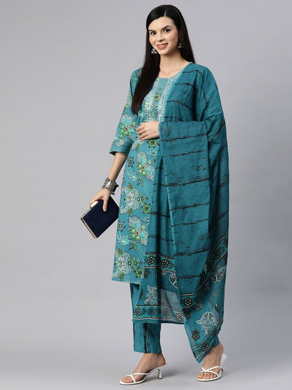 Straight Style Cotton Fabric Teal Blue Color Kurta With Bottom & Dupatta