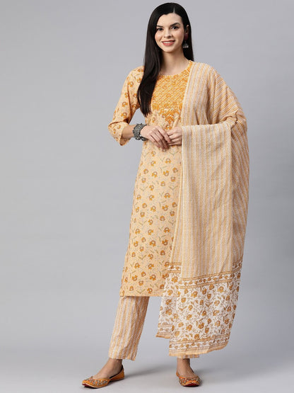 Straight Style Cotton Fabric Peach Color Kurta With Bottom And Dupatta