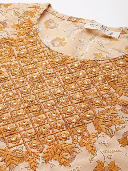 Straight Style Cotton Fabric Peach Color Kurta With Bottom And Dupatta