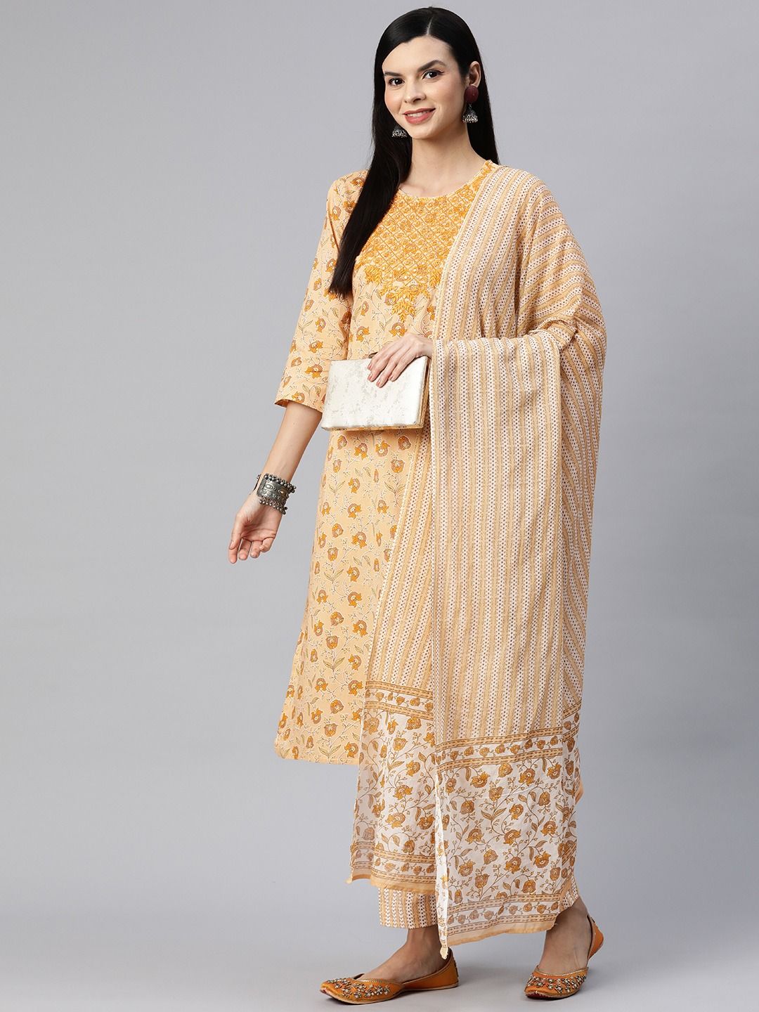Straight Style Cotton Fabric Peach Color Kurta With Bottom And Dupatta