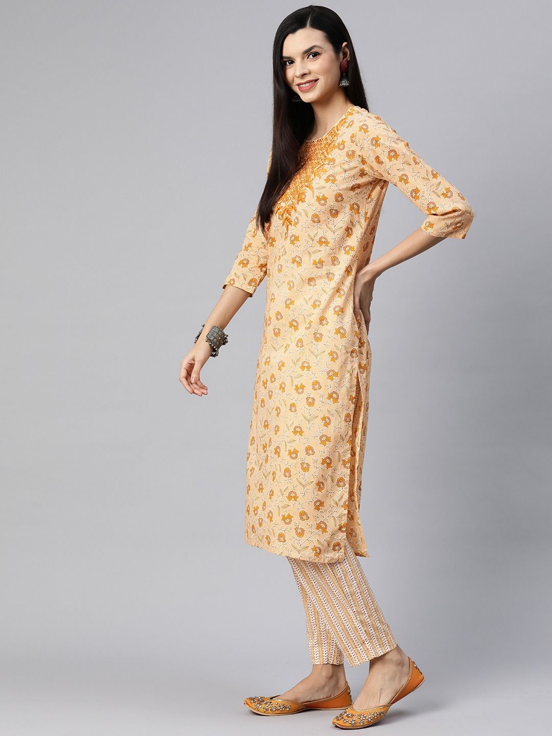 Straight Style Cotton Fabric Peach Color Kurta With Bottom And Dupatta