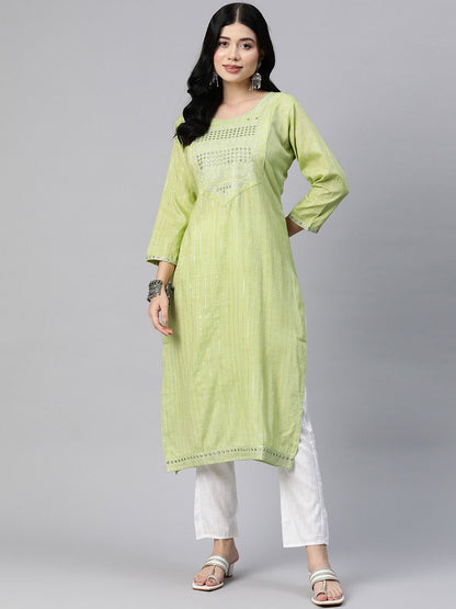 Straight Style Cotton Blend Fabric Green Color Kurta With Bottom