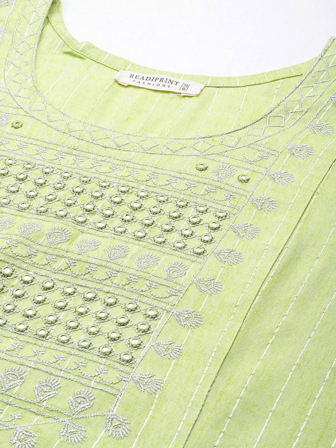 Straight Style Cotton Blend Fabric Green Color Kurta With Bottom