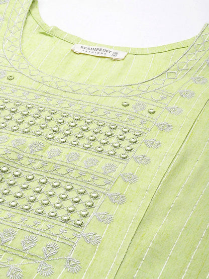 Straight Style Cotton Blend Fabric Green Color Kurta With Bottom