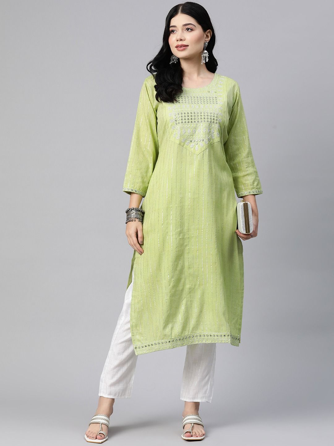 Straight Style Cotton Blend Fabric Green Color Kurta With Bottom