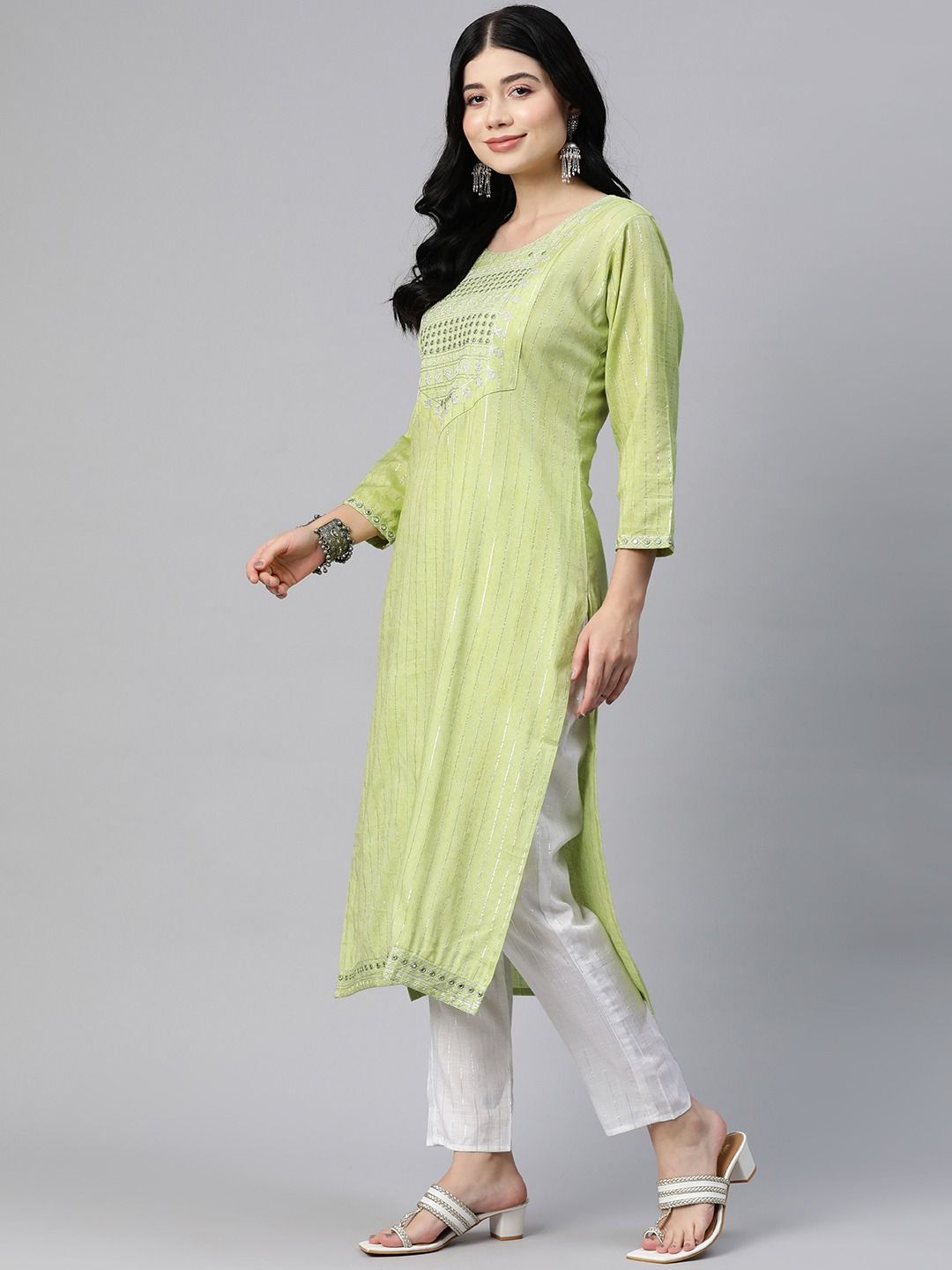 Straight Style Cotton Blend Fabric Green Color Kurta With Bottom
