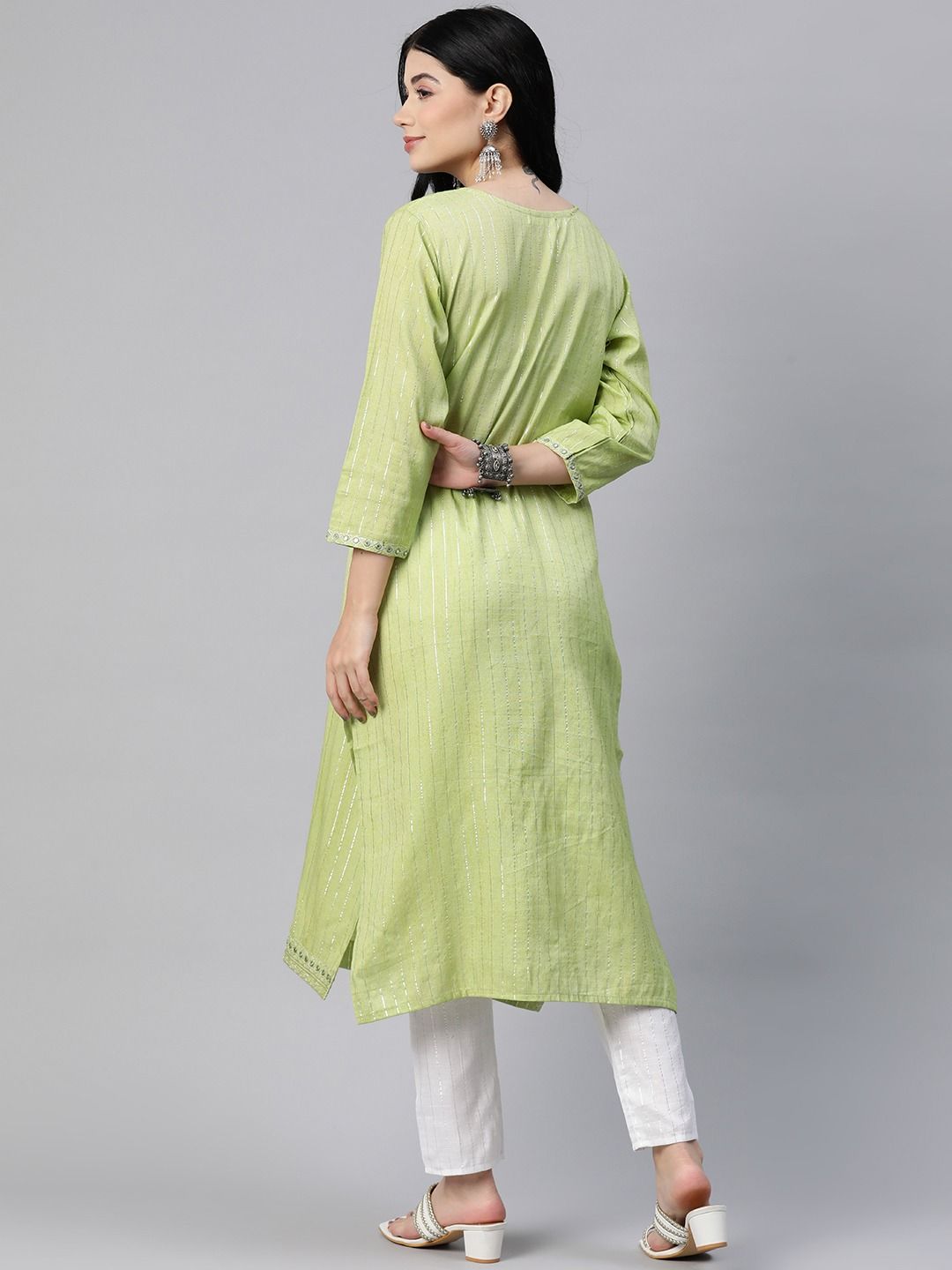 Straight Style Cotton Blend Fabric Green Color Kurta With Bottom