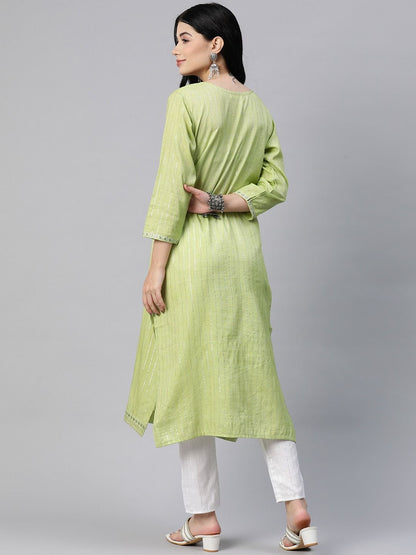 Straight Style Cotton Blend Fabric Green Color Kurta With Bottom