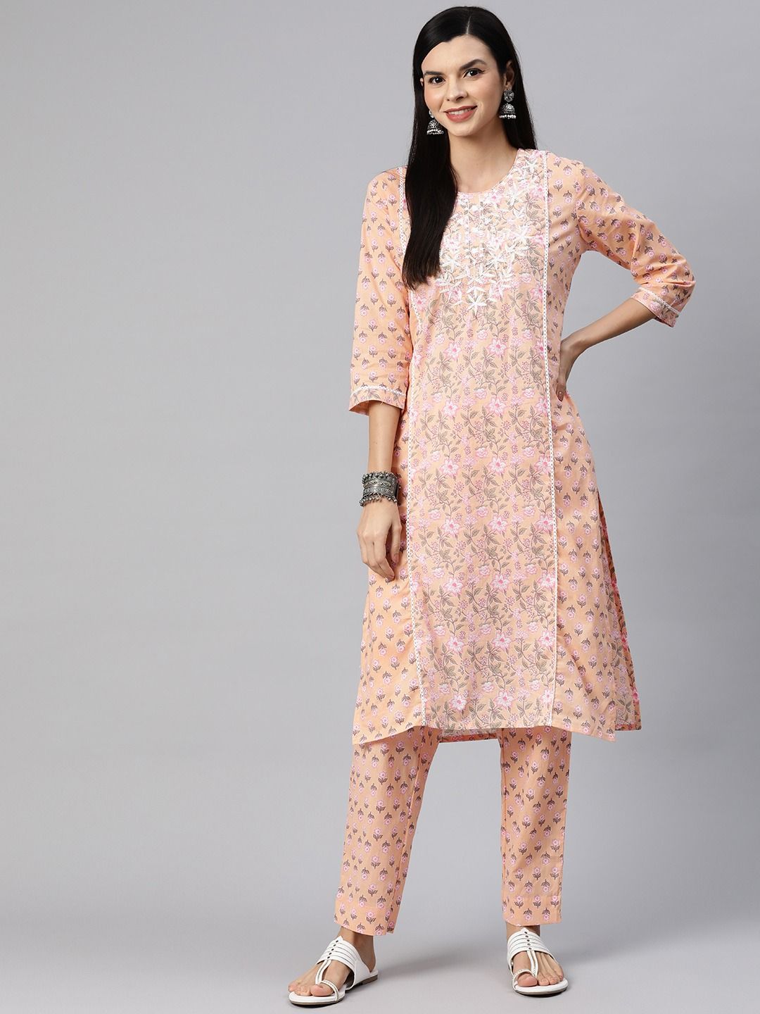 Straight Style Cotton Fabric Peach Color Kurta With Bottom