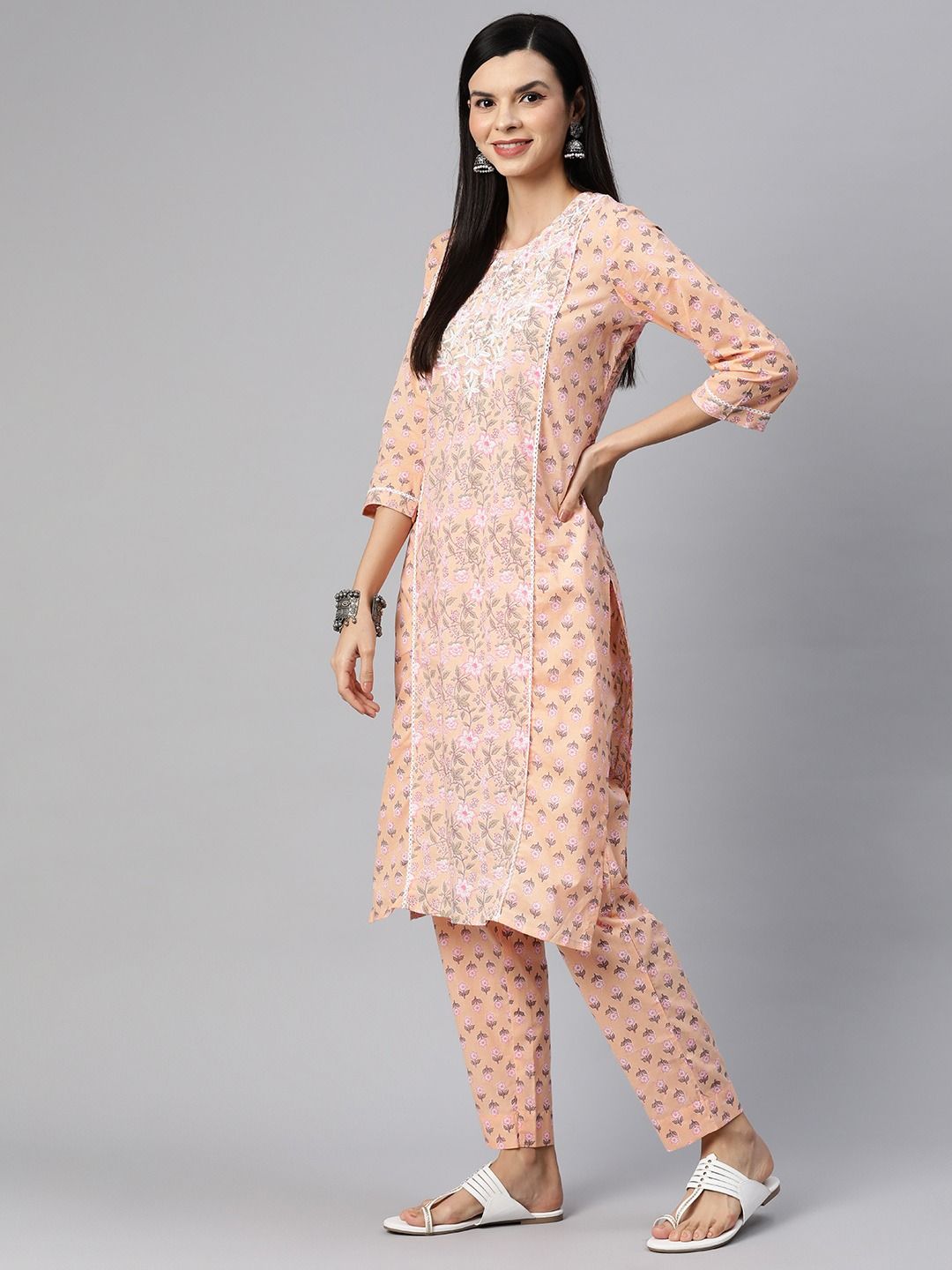 Straight Style Cotton Fabric Peach Color Kurta With Bottom
