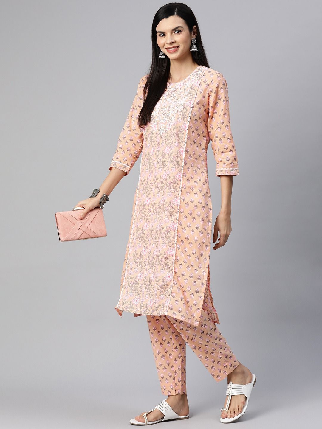 Straight Style Cotton Fabric Peach Color Kurta With Bottom