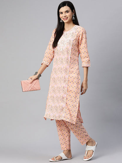 Straight Style Cotton Fabric Peach Color Kurta With Bottom