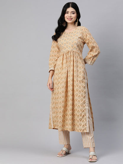 Flared Style Cotton Fabric Peach Color Kurta With Bottom