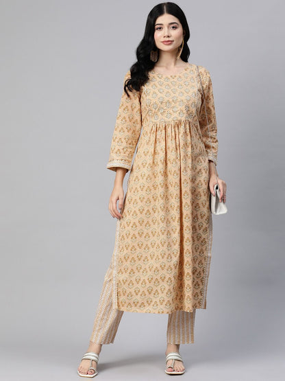 Flared Style Cotton Fabric Peach Color Kurta With Bottom