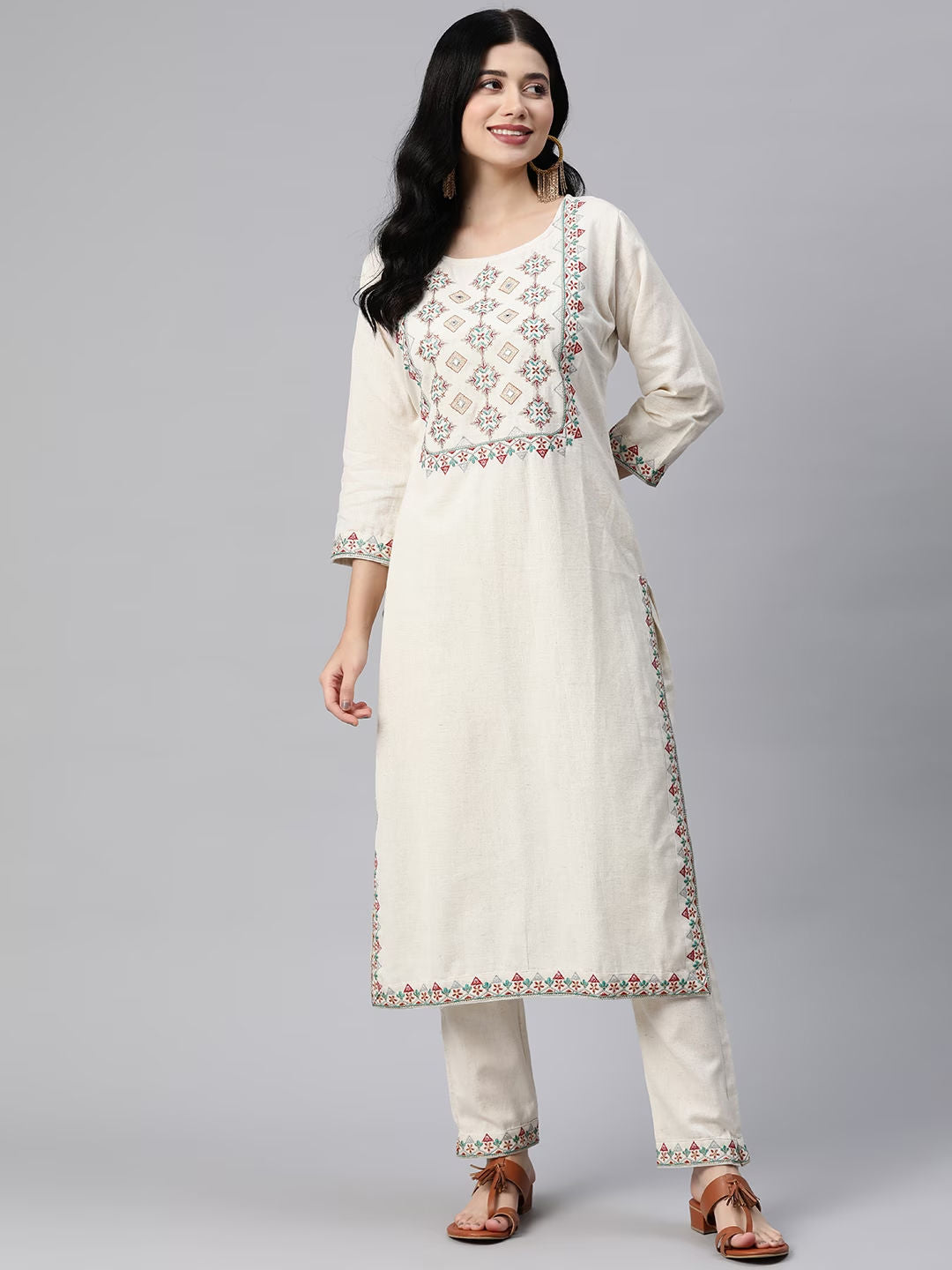 Straight Style Cotton Fabric Off White Color Kurta With Bottom