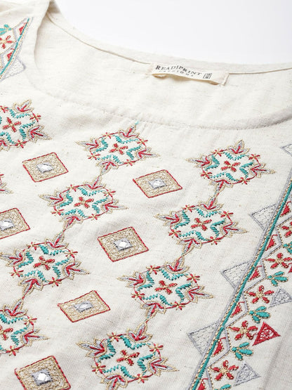 Straight Style Cotton Fabric Off White Color Kurta With Bottom