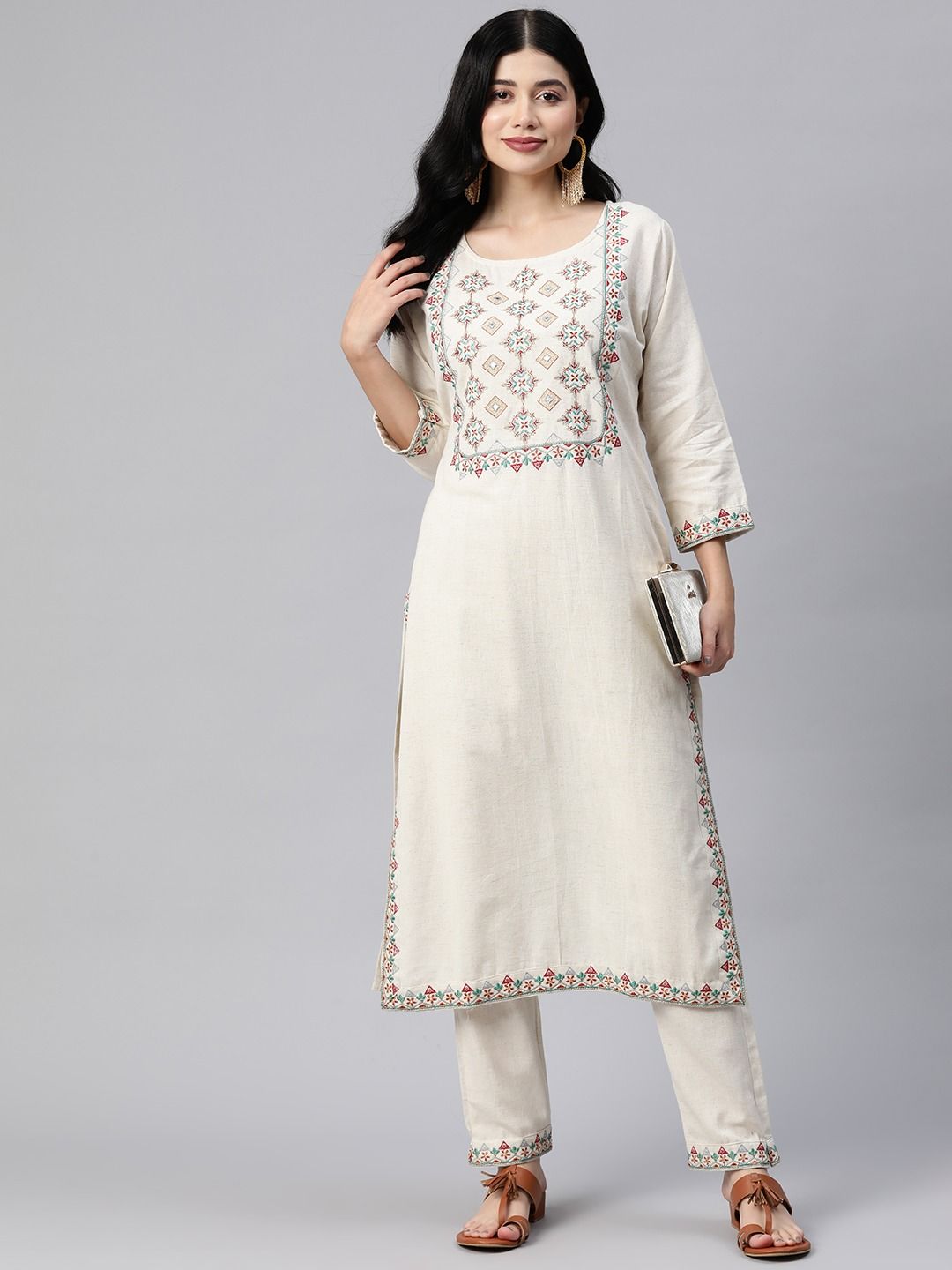 Straight Style Cotton Fabric Off White Color Kurta With Bottom