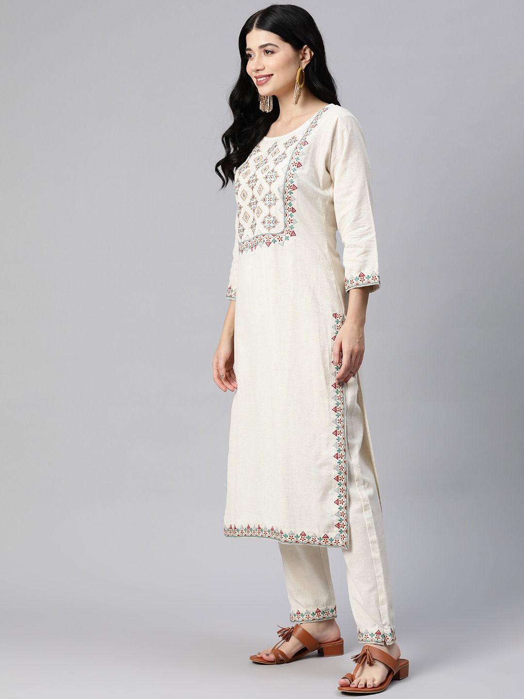 Straight Style Cotton Fabric Off White Color Kurta With Bottom