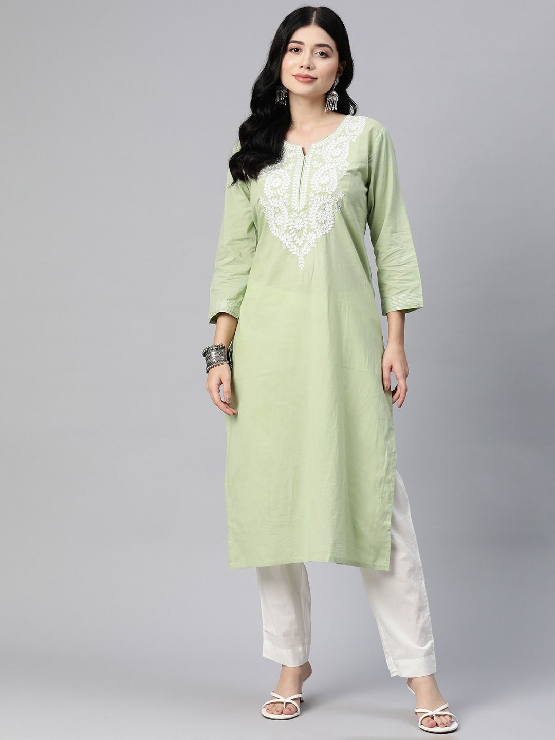Straight Style Cotton Fabric Green Color Kurta With Bottom