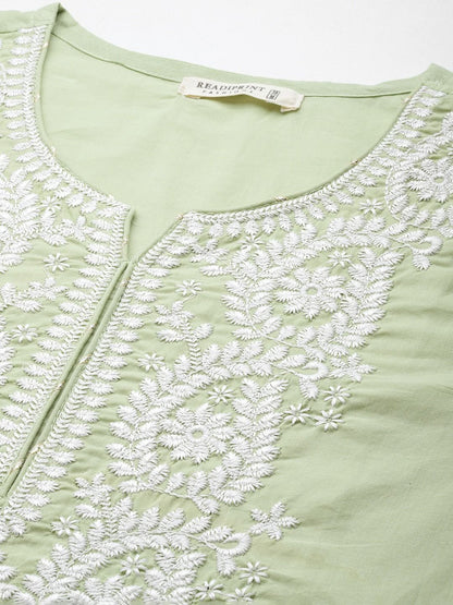 Straight Style Cotton Fabric Green Color Kurta With Bottom