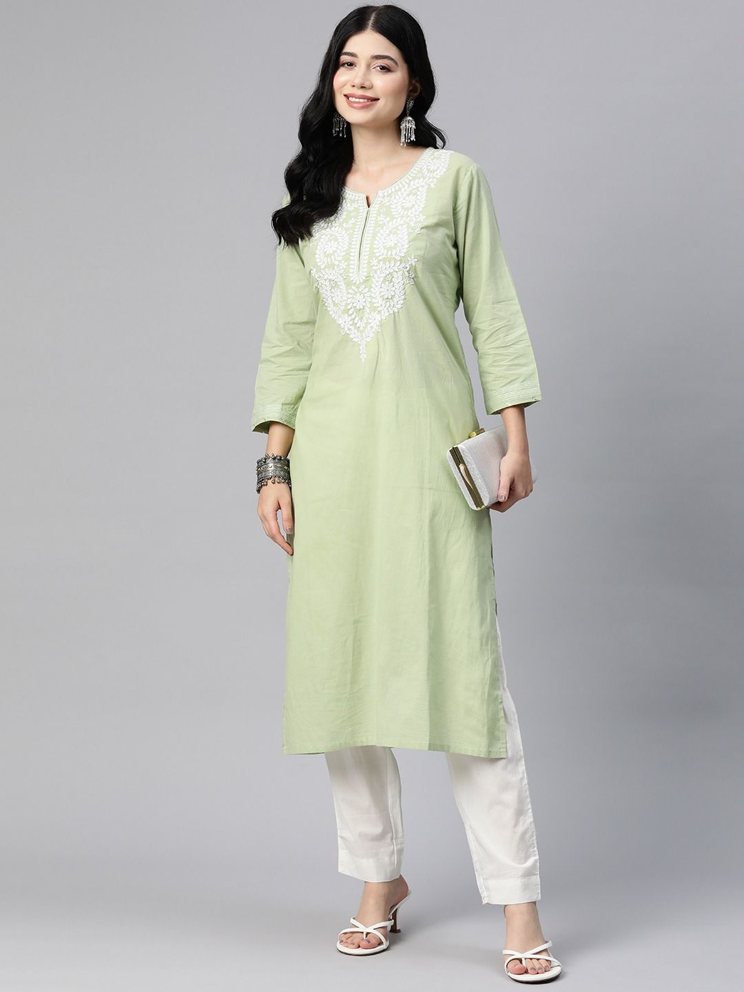 Straight Style Cotton Fabric Green Color Kurta With Bottom