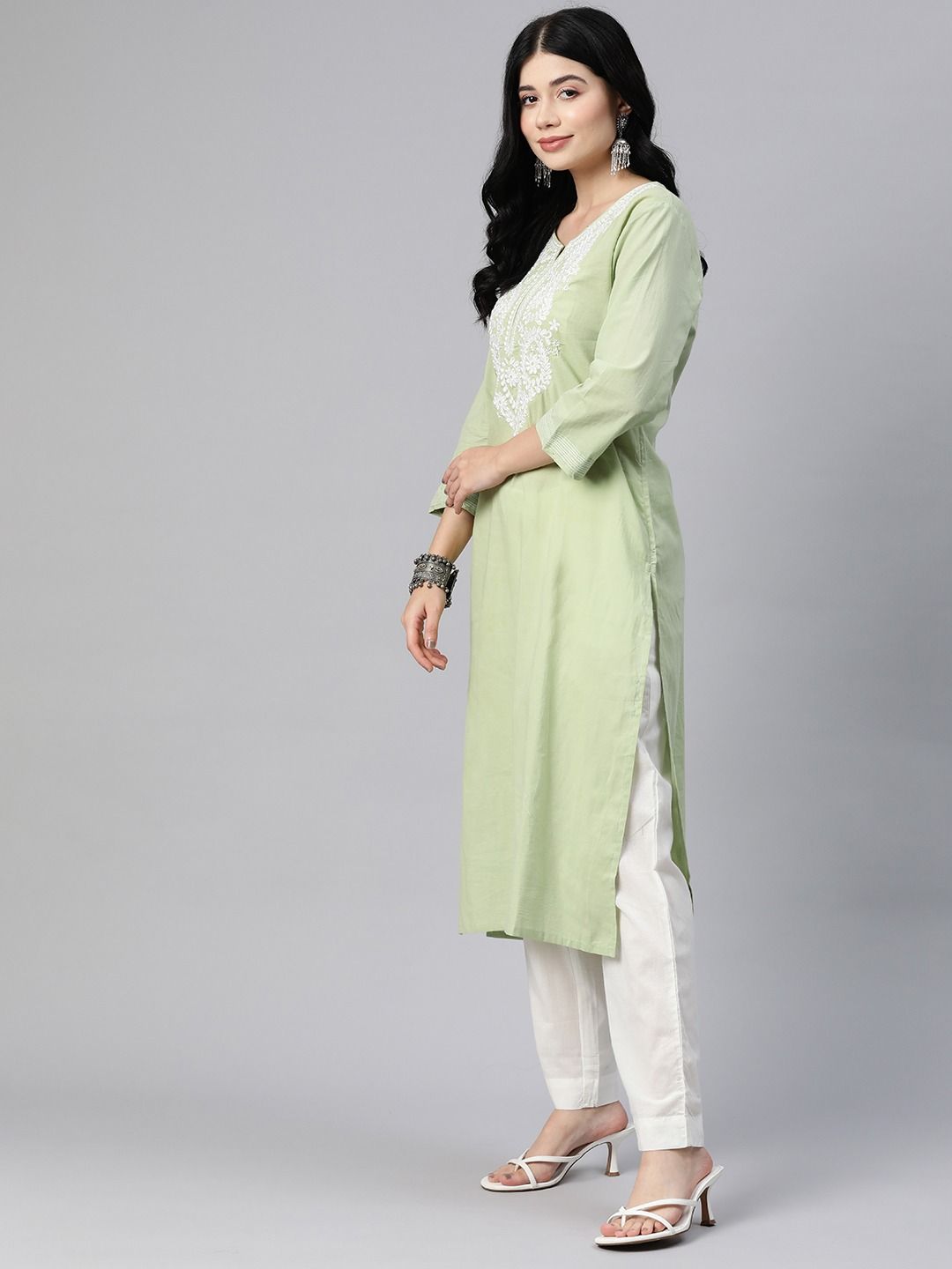 Straight Style Cotton Fabric Green Color Kurta With Bottom