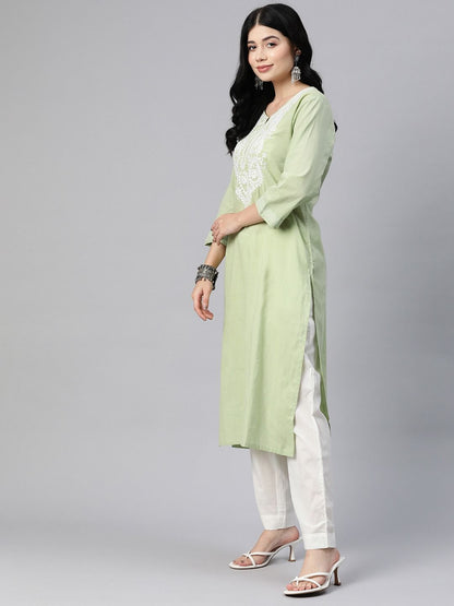Straight Style Cotton Fabric Green Color Kurta With Bottom