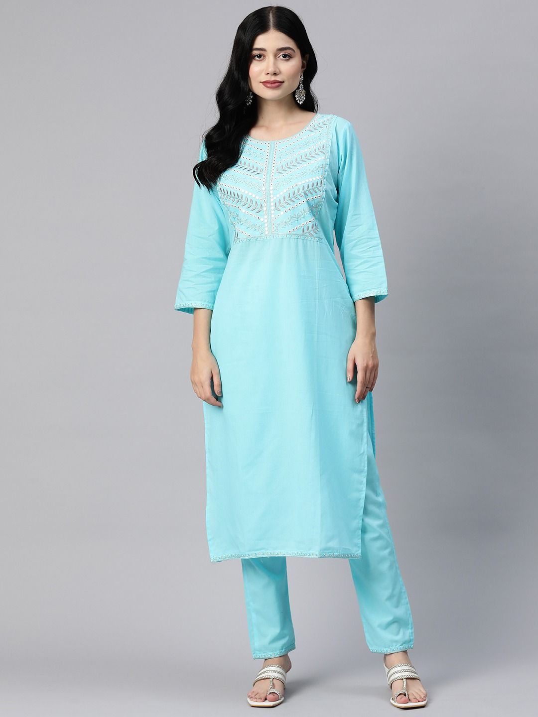 Straight Style Cotton Fabric Blue Color Kurta With Bottom