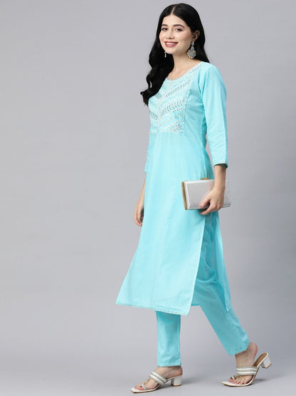 Straight Style Cotton Fabric Blue Color Kurta With Bottom