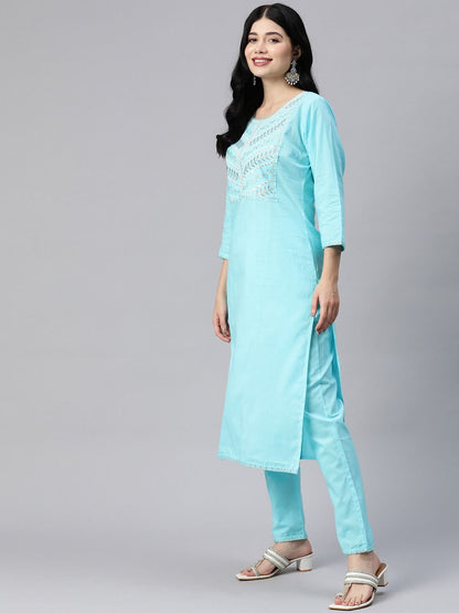 Straight Style Cotton Fabric Blue Color Kurta With Bottom