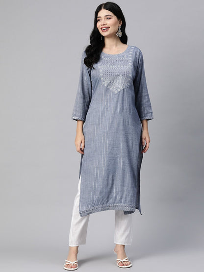 Straight Style Cotton Blend Fabric Grey Color Kurta With Bottom